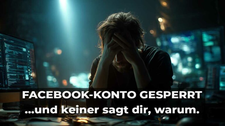Frustrierter Mann vor Computer in dunklem Raum – symbolisiert gesperrtes Facebook-Konto ohne ersichtlichen Grund