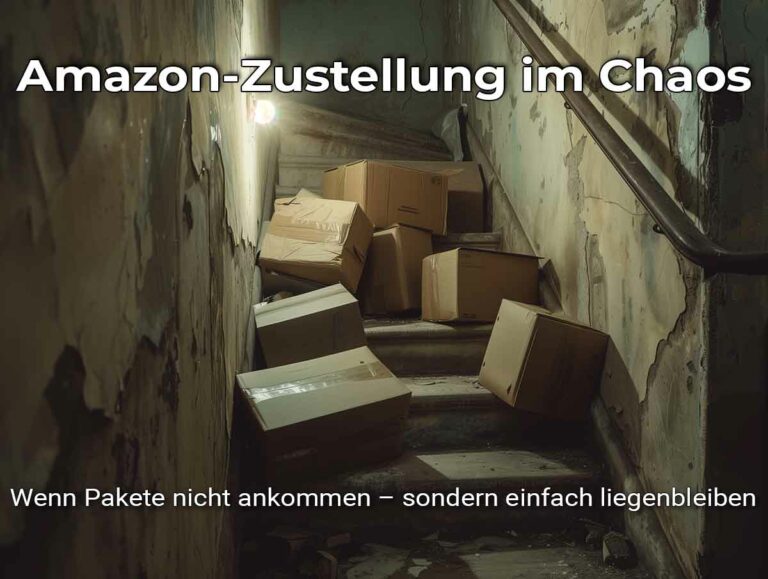 Amazon-Zustellung im Chaos: beschädigte Pakete liegen achtlos in einem alten Treppenhaus