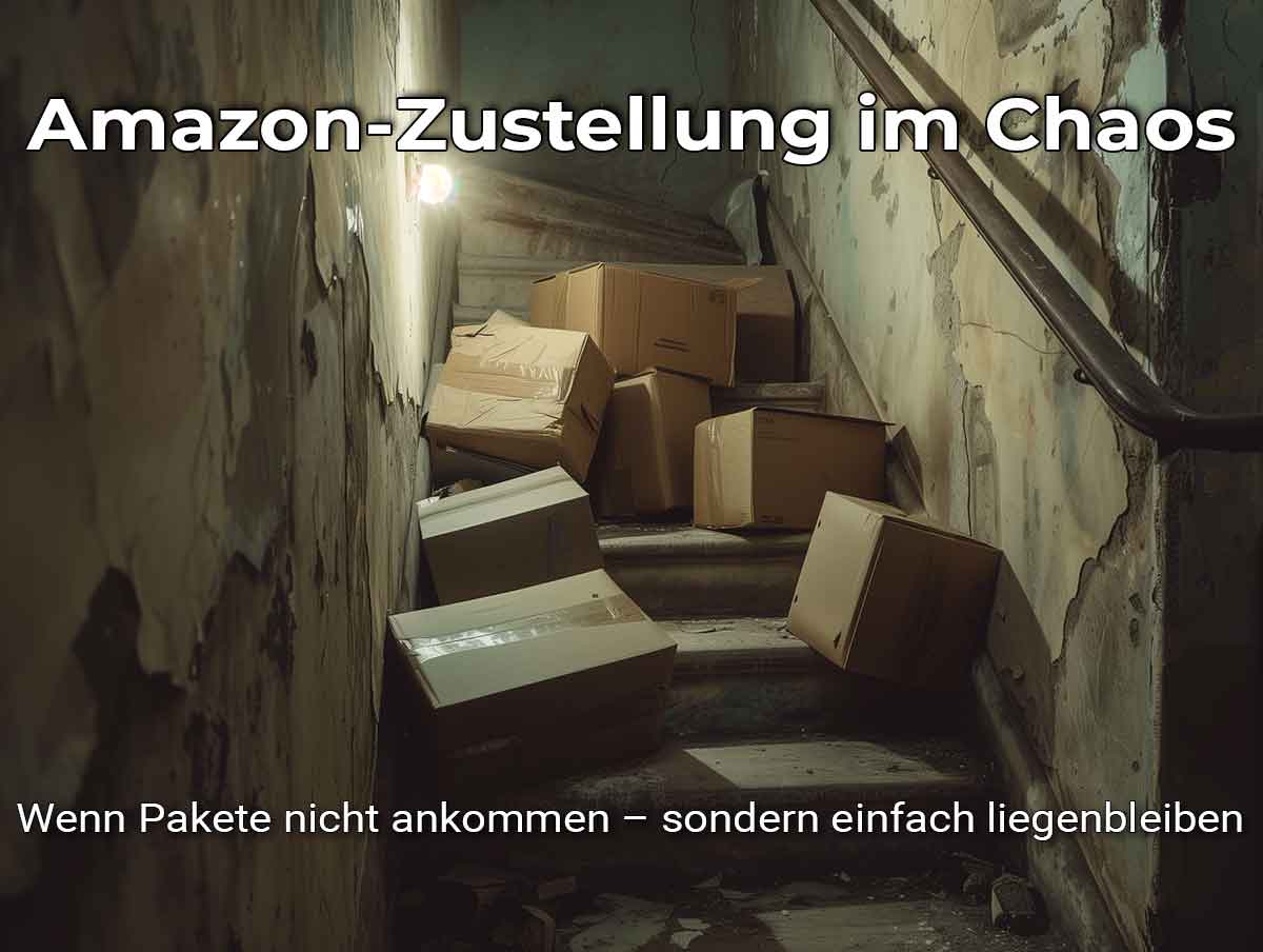 Amazon-Zustellung im Chaos: beschädigte Pakete liegen achtlos in einem alten Treppenhaus