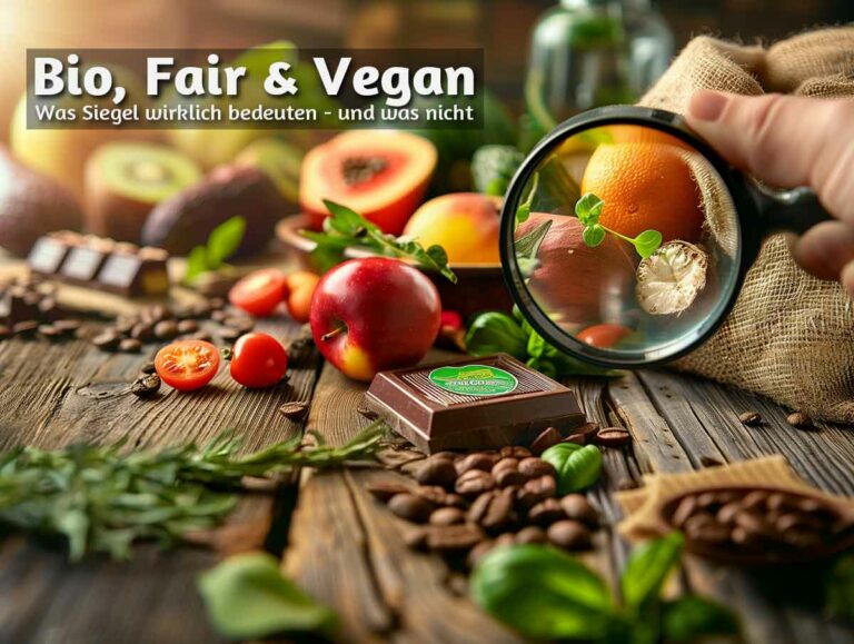 Symbolische Darstellung verschiedener Bio-, Vegan- und Fairtrade-Siegel auf Lebensmitteln im Supermarktregal